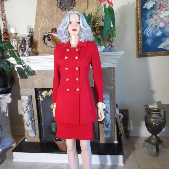 St. John Collection Red Knit Double Breasted Jacket & Skirt Suit SIze 8 - Picture 1 of 16